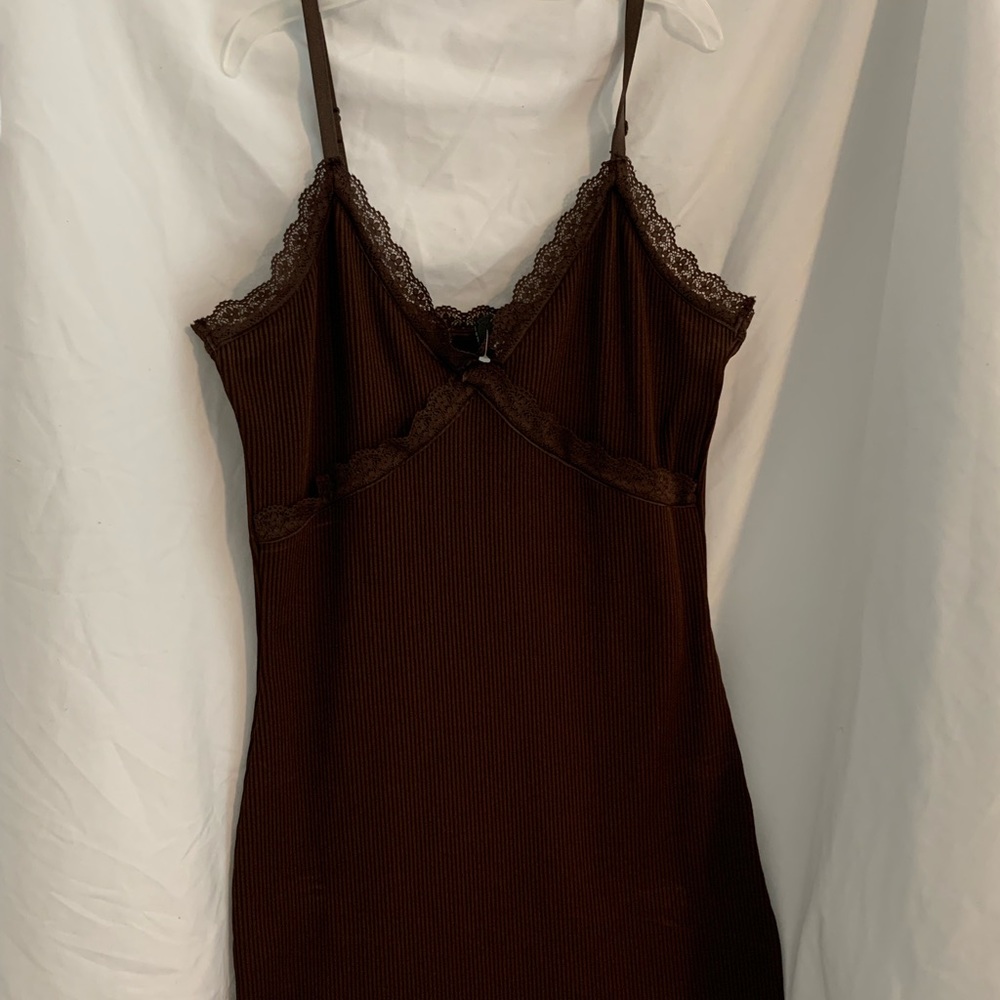 H&M RIBBED LACE TRIM BODYCON DRESS - BROWN